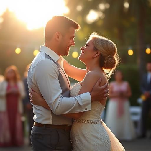 Casal danäando apaixonadamente em um casamento ao ar livre.