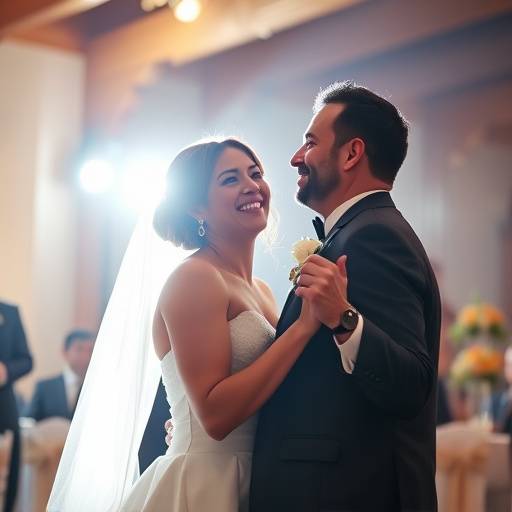 Foto de um casal de noivos danäando alegremente durante sua festa de casamento, com luzes suaves e sorrisos radiantes.