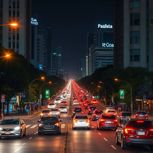Foto noturna da Avenida Paulista em São Paulo com tráfego de carros.