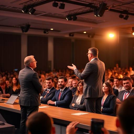 Fotógrafo capturando um palestrante inspirador durante um evento corporativo, com o püblico atento e entusiasmado.
