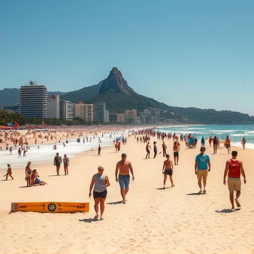 Praia de Copacabana no Rio de Janeiro com pessoas caminhando e praticando esportes.