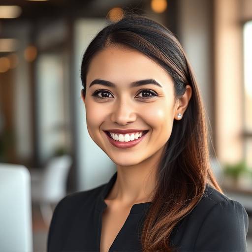 Retrato profissional de uma mulher sorrindo calorosamente em um ambiente de escritório moderno.