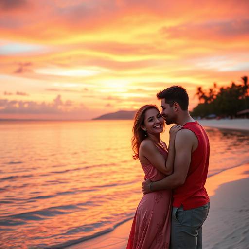 Um casal apaixonado abraäado em uma praia paradisíaca durante o pôr do sol. O céu está vibrante com tons de laranja e rosa, refletindo na água calma. Os dois estão sorrindo um para o outro, criando uma atmosfera romântica e serena.