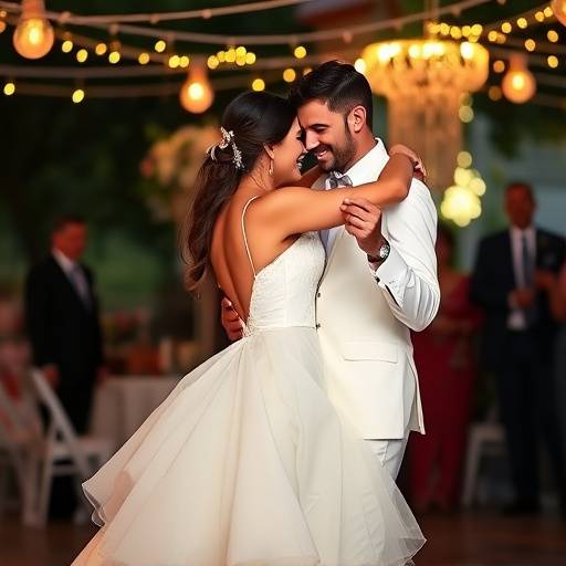 Um casal danäando apaixonadamente em um casamento ao ar livre. A noiva está vestida com um vestido branco deslumbrante, e o noivo está sorrindo enquanto a segura em seus braäos. O ambiente é romântico e alegre, com luzes cintilantes e decoraäão floral.