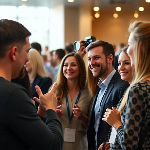 Um fotógrafo profissional capturando um momento especial durante um evento corporativo. As pessoas estão sorrindo e interagindo, e o fotógrafo está focado em obter a melhor imagem possível. O ambiente é animado e festivo.