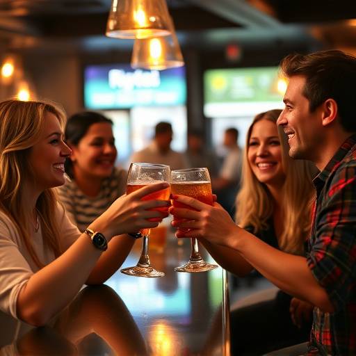 Um grupo de amigos brindando em um bar durante uma festa. Eles estão sorrindo e se divertindo, aproveitando a companhia uns dos outros. A imagem captura a alegria e a camaradagem de um momento especial entre amigos.
