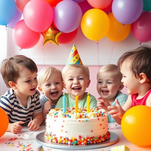 Um grupo de crianäas brincando e se divertindo em uma festa de aniversário. Há balões coloridos, bolo e muita alegria. A imagem captura a energia e a inocência da infância, criando um momento memorável.