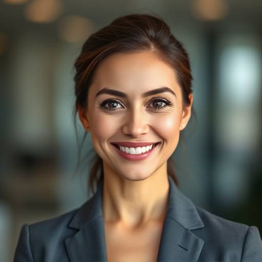 Um retrato profissional de uma mulher sorrindo confiantemente para a câmera. A iluminaäão é suave e lisonjeira, e o fundo está desfocado para destacar o sujeito. Ela está vestida elegantemente e exala profissionalismo e charme.