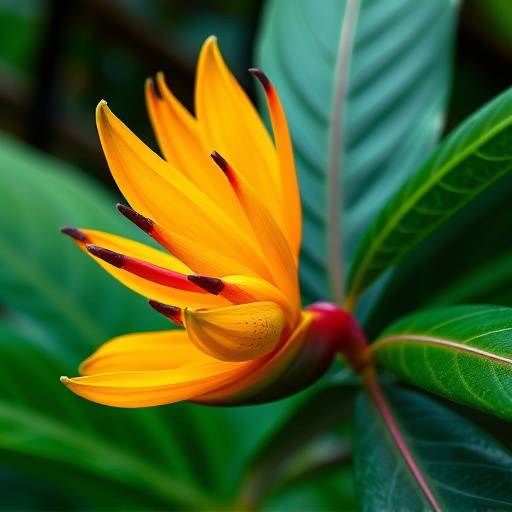 Uma foto em close-up de uma flor exótica na Floresta Amazônica. As cores são vibrantes e os detalhes são impressionantes. A imagem captura a beleza e a diversidade da flora amazônica, revelando um mundo de maravilhas naturais.