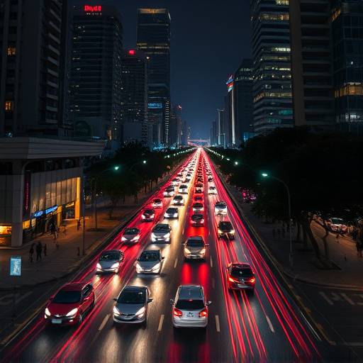 Uma foto noturna da Avenida Paulista em São Paulo, com o tráfego de carros criando rastros de luzes. Os prédios estão iluminados e a cidade está vibrante com atividade. A imagem captura a energia e a dinâmica da metrópole paulistana.
