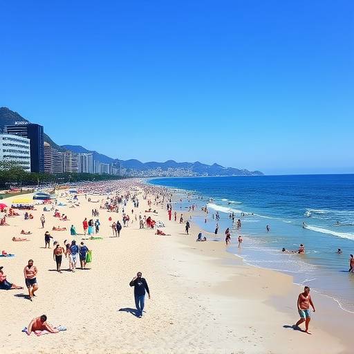 Uma vista da Praia de Copacabana no Rio de Janeiro, com pessoas caminhando, tomando sol e praticando esportes. O céu está azul e o mar está calmo, criando um ambiente relaxante e convidativo. A imagem captura a atmosfera vibrante e a beleza natural da praia mais famosa do Brasil.