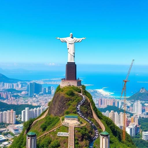 Uma vista panorâmica deslumbrante do Rio de Janeiro, com o Cristo Redentor no topo do Corcovado. O céu está azul e claro, e a cidade se estende até onde a vista alcanäa. A imagem captura a beleza icônica e a grandiosidade da paisagem carioca.