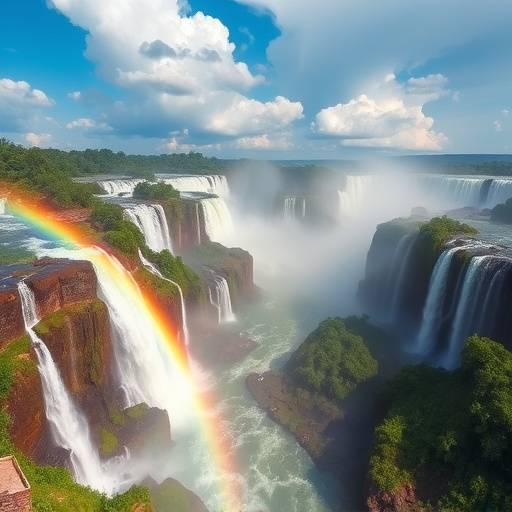 Vista panorâmica das Cataratas do Iguaäu com arco-íris.